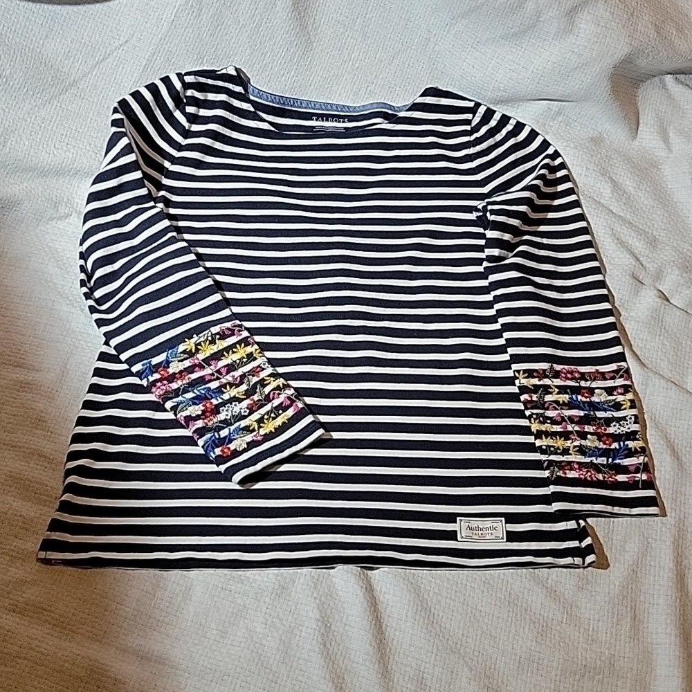 TALBOTS Navy White Striped Long Sleeve Top Blouse Size Medium EUC